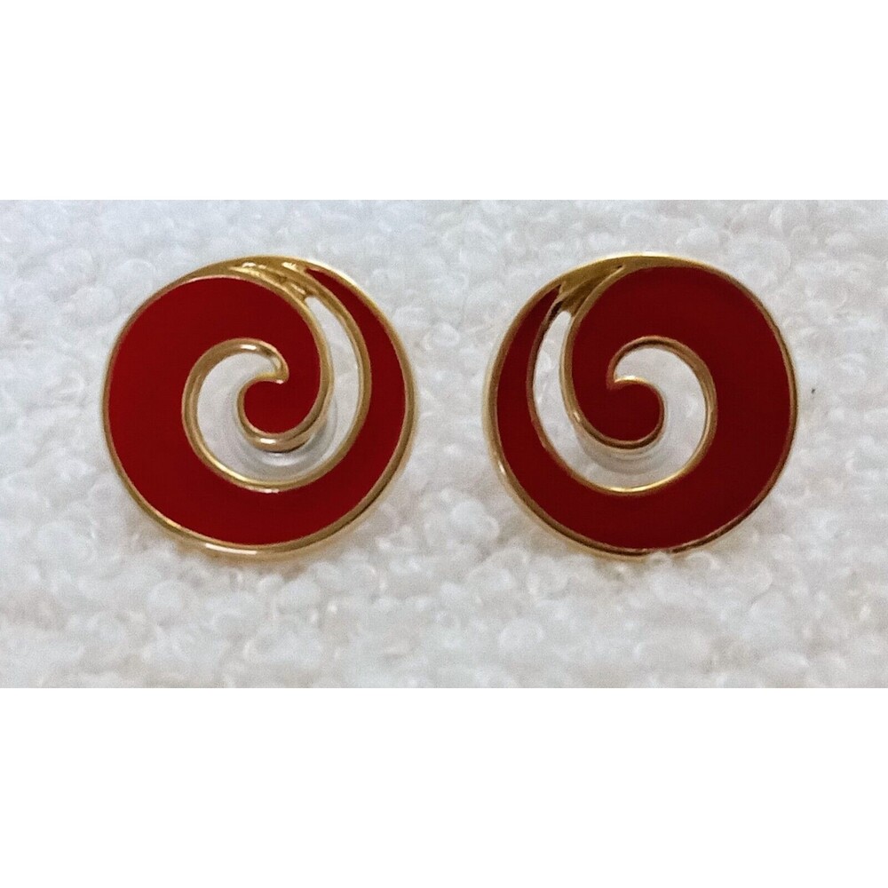 Vintage Monet Goldtone Red Enamel Swirl Post Earrings - Picture 7 of 8